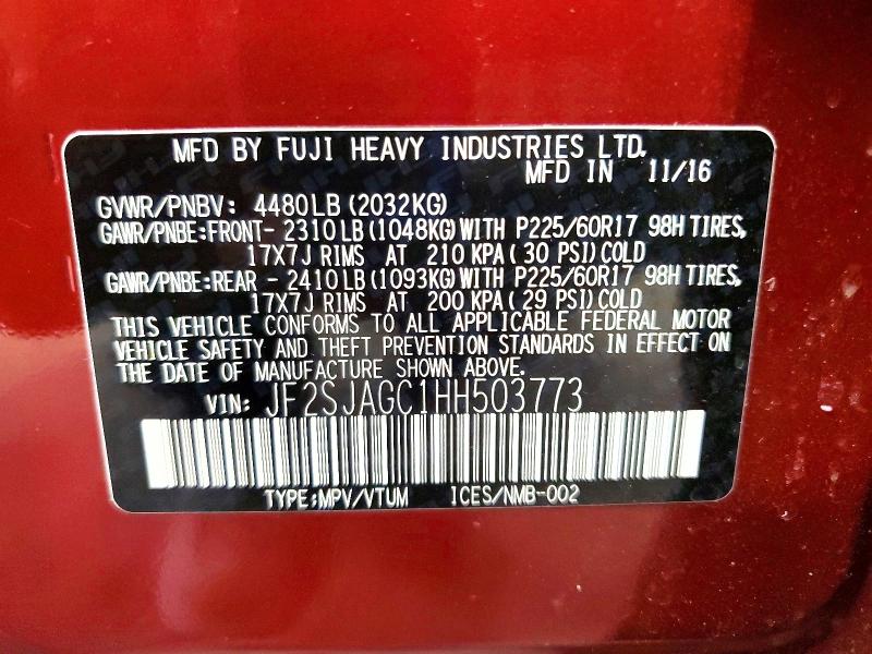 2017 Subaru Forester მანქანა იყიდება აუქციონზე, vin: JF2SJAGC1HH503773, აუქციონის ნომერი: 55961686