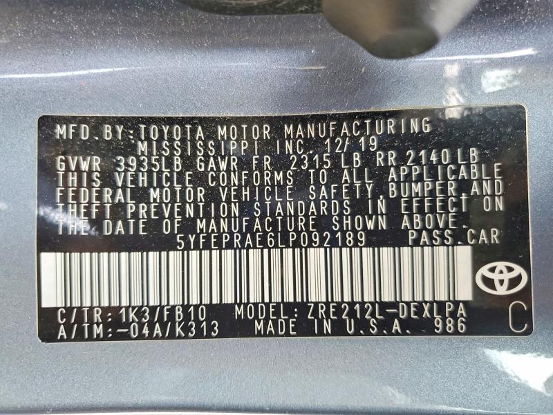 Продажа на аукционе авто 2020 Toyota Corolla, vin: 5YFEPRAE6LP092189, номер лота: 58052756