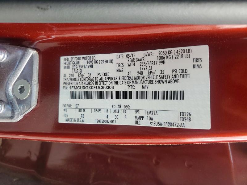 2015 Ford Escape მანქანა იყიდება აუქციონზე, vin: 1FMCU0GX0FUC60304, აუქციონის ნომერი: 55706036