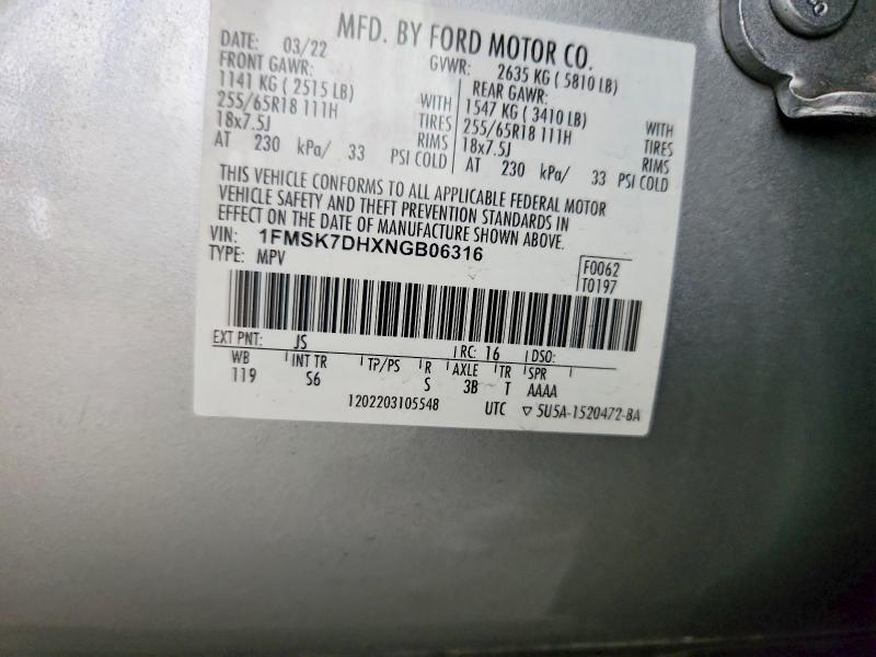 Aukcja sprzedaży 2022 Ford Explorer, vin: 1FMSK7DHXNGB06316, numer aukcji: 55547586