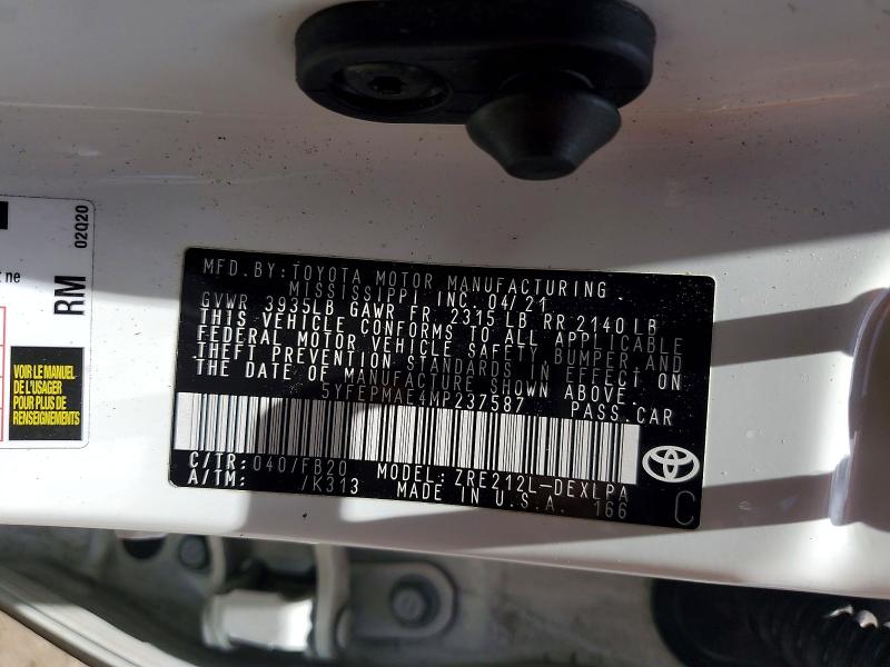 Aukcja sprzedaży 2021 Toyota Corolla, vin: 5YFEPMAE4MP237587, numer aukcji: 57563446