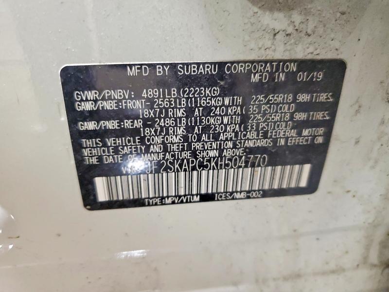 2019 Subaru Forester მანქანა იყიდება აუქციონზე, vin: JF2SKAPC5KH504770, აუქციონის ნომერი: 58709976