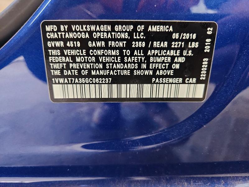 Продажа на аукционе авто 2016 Volkswagen Passat, vin: 1VWAT7A35GC062237, номер лота: 56306696