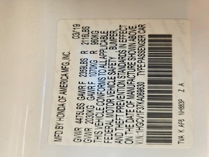 Aukcja sprzedaży 2019 Honda Accord, vin: 1HGCV1F37KA069630, numer aukcji: 58726316