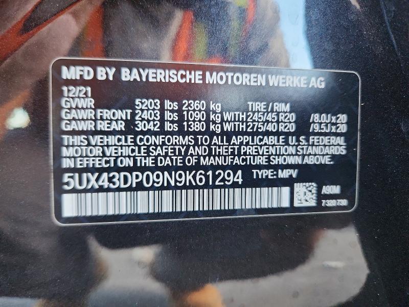 Aukcja sprzedaży 2022 Bmw X3, vin: 5UX43DP09N9K61294, numer aukcji: 57023416