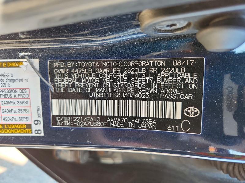 85769525 :رقم المزاد ، JTNB11HK8J3034023 vin ، 2018 Toyota Camry مزاد بيع