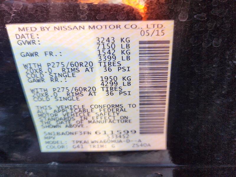 2015 Nissan Armada მანქანა იყიდება აუქციონზე, vin: 5N1BA0NF3FN611599, აუქციონის ნომერი: 56073306