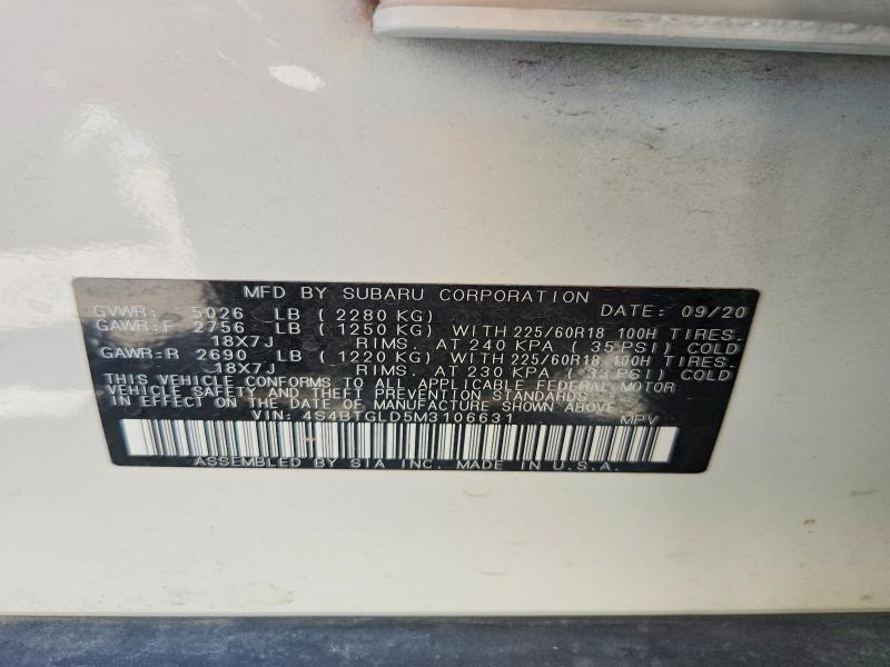 2021 Subaru Outback მანქანა იყიდება აუქციონზე, vin: 4S4BTGLD5M3106631, აუქციონის ნომერი: 57707996