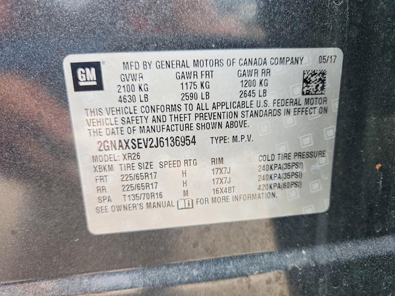 2018 Chevrolet Equinox მანქანა იყიდება აუქციონზე, vin: 2GNAXSEV2J6136954, აუქციონის ნომერი: 57253226