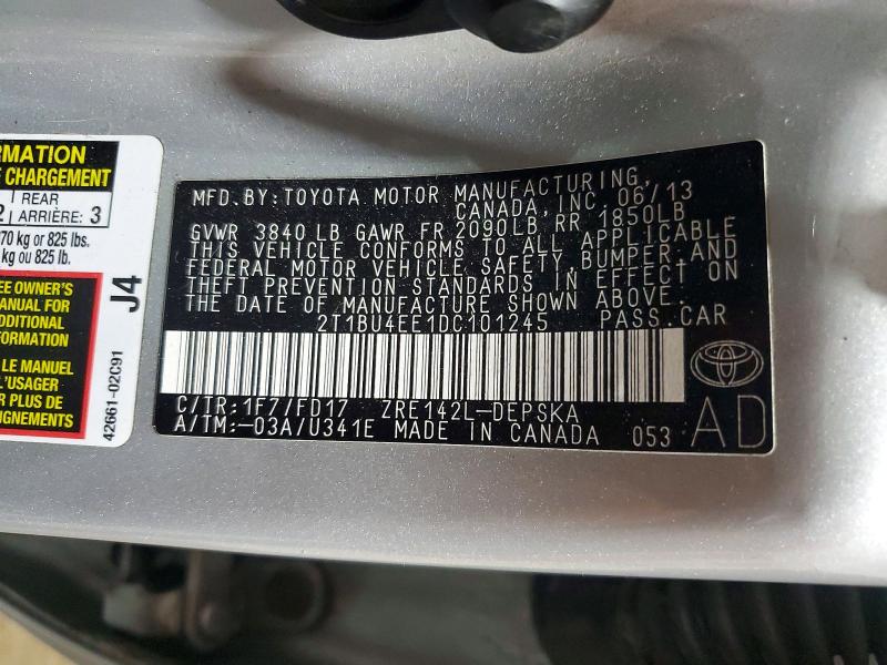 2013 Toyota Corolla მანქანა იყიდება აუქციონზე, vin: 2T1BU4EE1DC101245, აუქციონის ნომერი: 58006526
