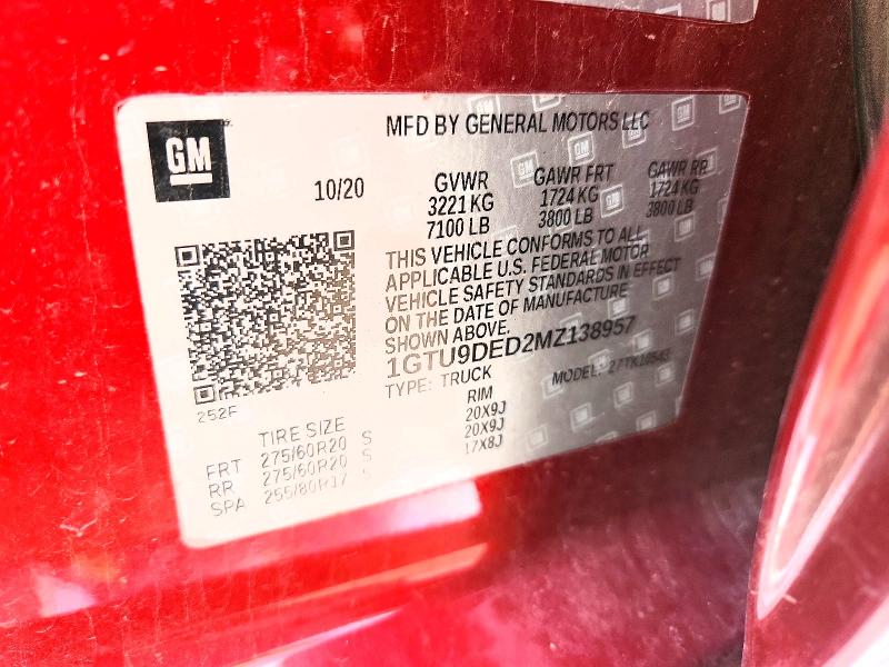 58144996 :رقم المزاد ، 1GTU9DED2MZ138957 vin ، 2021 Gmc Sierra مزاد بيع