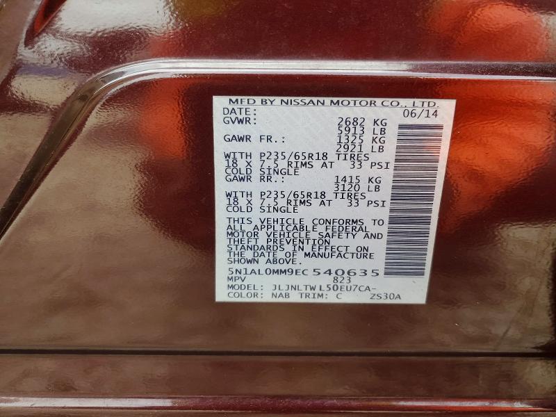 57023126 :رقم المزاد ، 5N1AL0MM9EC540635 vin ، 2014 Infiniti Qx60 مزاد بيع
