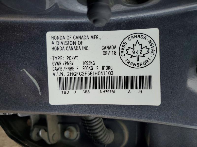 2018 Honda Civic მანქანა იყიდება აუქციონზე, vin: 2HGFC2F56JH041103, აუქციონის ნომერი: 58394676