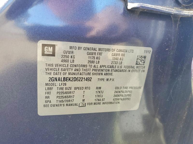 55874016 :رقم المزاد ، 2GNALBEK2D6221492 vin ، 2013 Chevrolet Equinox مزاد بيع