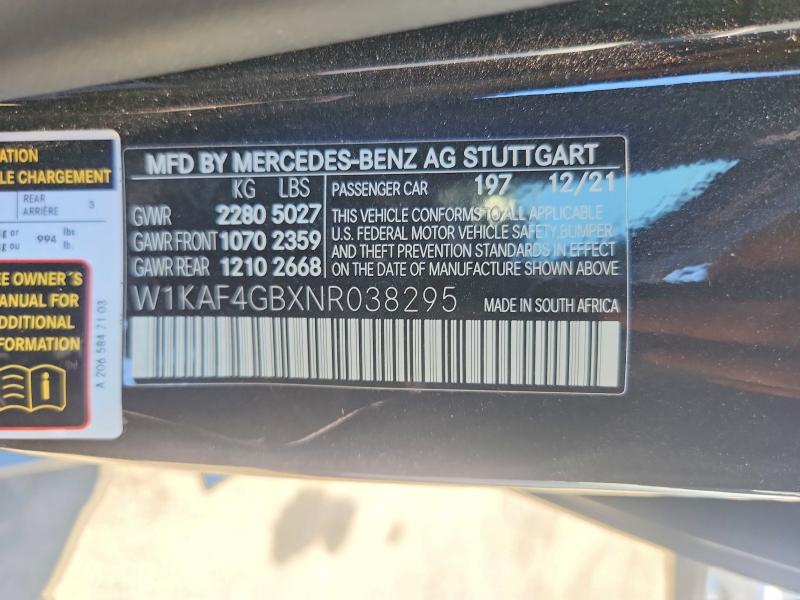 57206436 :رقم المزاد ، W1KAF4GBXNR038295 vin ، 2022 Mercedes-benz C مزاد بيع