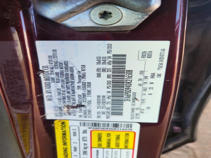 Продаж на аукціоні авто 2013 Ford Fusion, vin: 3FA6P0D94DR216508, номер лоту: 57343046