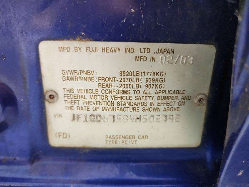 2004 Subaru Impreza მანქანა იყიდება აუქციონზე, vin: JF1GD67584H502792, აუქციონის ნომერი: 58393576