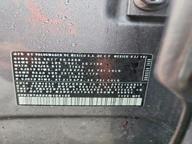 2019 Volkswagen Tiguan მანქანა იყიდება აუქციონზე, vin: 3VV2B7AX5KM104136, აუქციონის ნომერი: 57405716