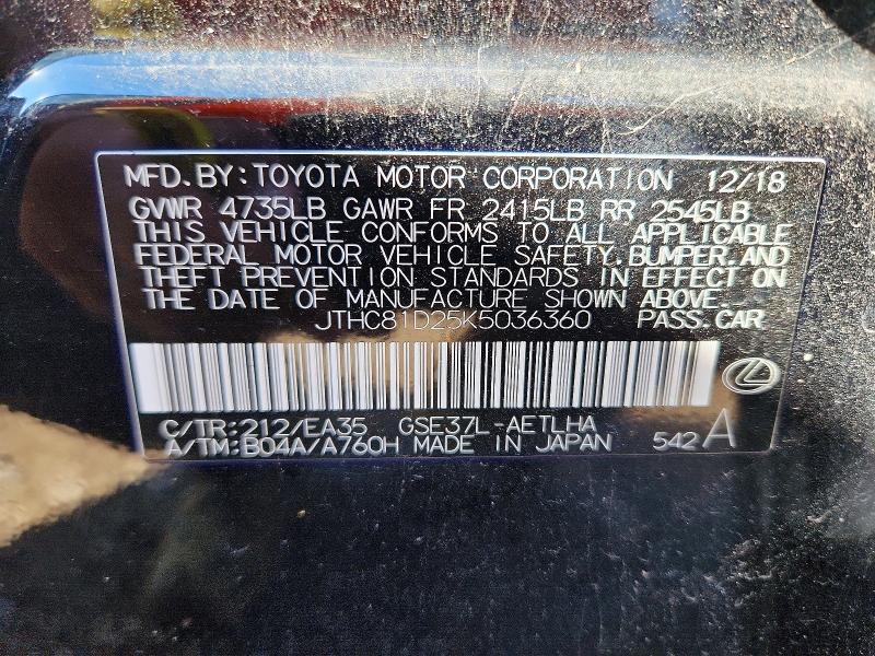 57830186 :رقم المزاد ، JTHC81D25K5036360 vin ، 2019 Lexus Is مزاد بيع