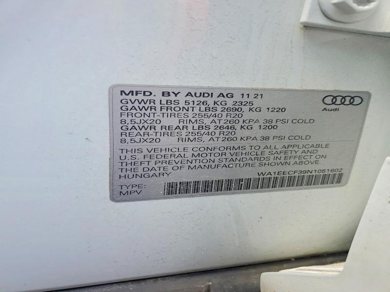 2022 Audi Q3 მანქანა იყიდება აუქციონზე, vin: WA1EECF39N1051602, აუქციონის ნომერი: 58805986