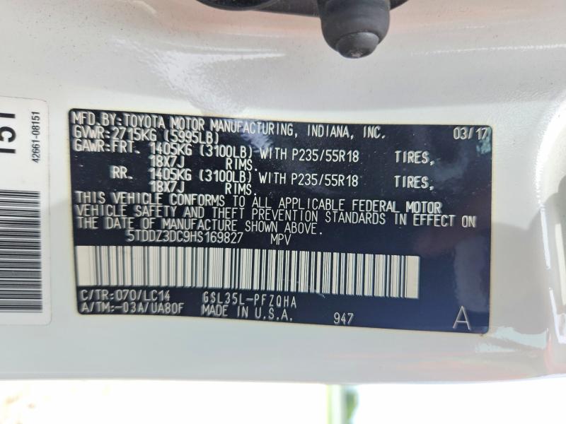 58261746 :رقم المزاد ، 5TDDZ3DC9HS169827 vin ، 2017 Toyota Sienna مزاد بيع