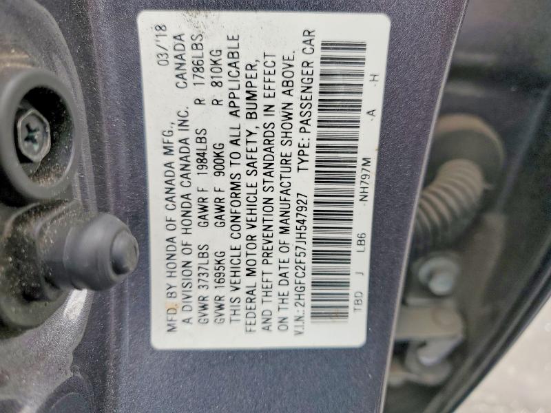 Продаж на аукціоні авто 2018 Honda Civic, vin: 2HGFC2F57JH547927, номер лоту: 57964796
