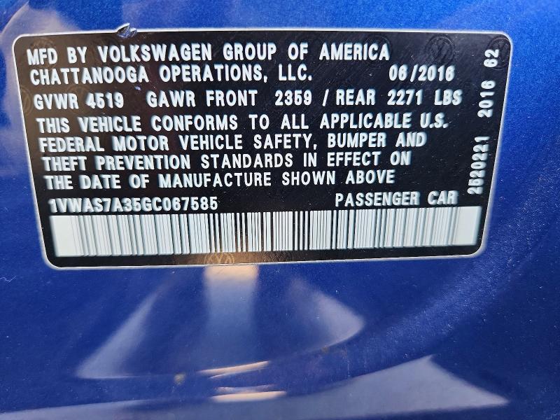 Aukcja sprzedaży 2016 Volkswagen Passat, vin: 1VWAS7A35GC067585, numer aukcji: 55982556