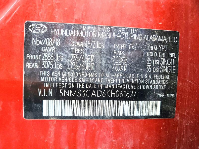 Auction sale of the 2019 Hyundai Santa Fe, vin: 5NMS3CAD6KH061827, lot number: 57943256