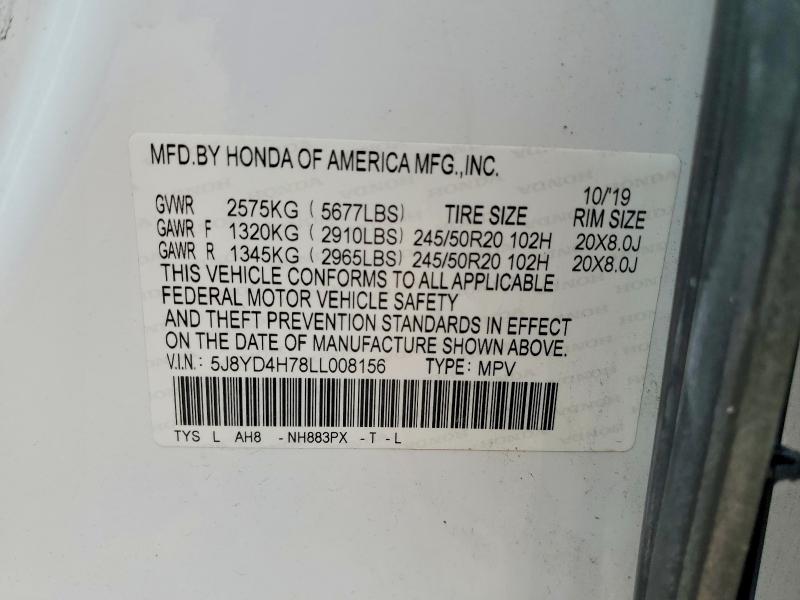 58179166 :رقم المزاد ، 5J8YD4H78LL008156 vin ، 2020 Acura Mdx مزاد بيع