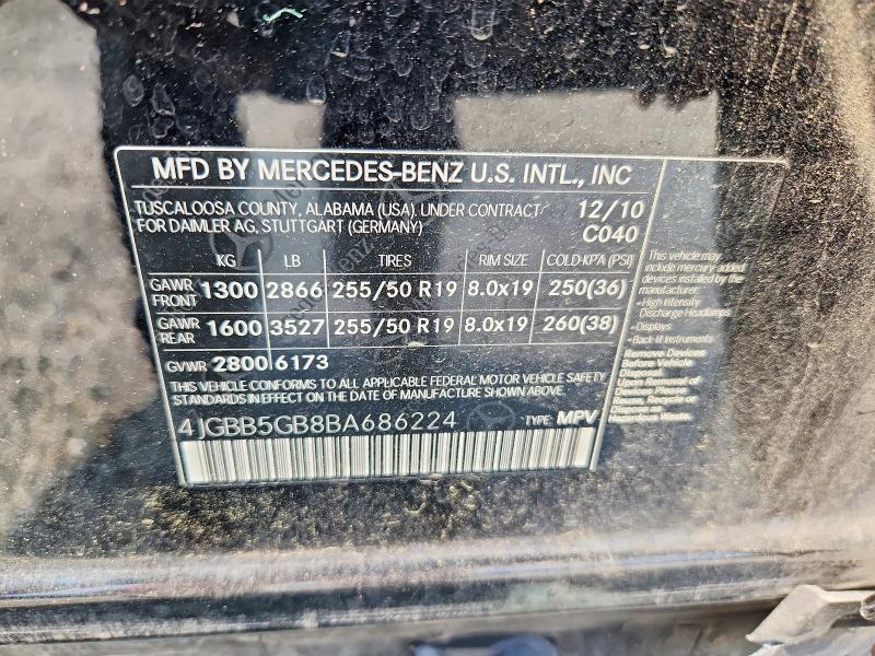 2011 Mercedes-benz Ml მანქანა იყიდება აუქციონზე, vin: 4JGBB5GB8BA686224, აუქციონის ნომერი: 56264526
