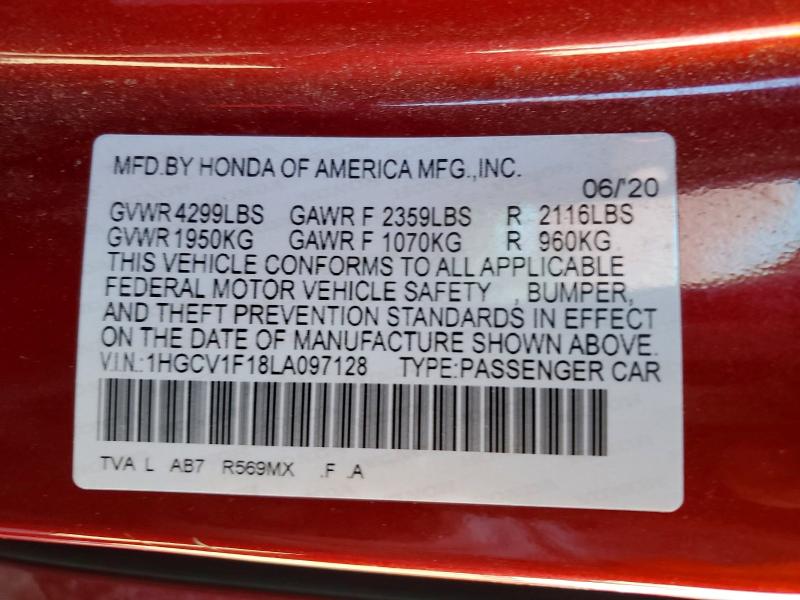 2020 Honda Accord მანქანა იყიდება აუქციონზე, vin: 1HGCV1F18LA097128, აუქციონის ნომერი: 55600866