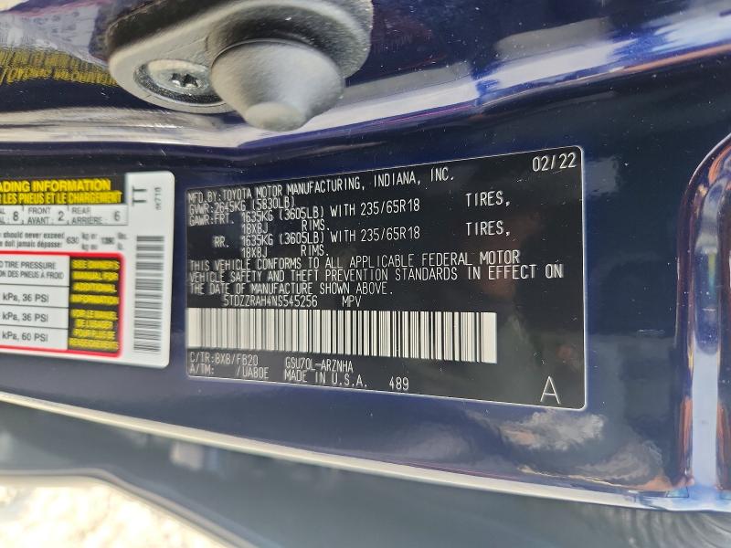 2022 Toyota Highlander მანქანა იყიდება აუქციონზე, vin: 5TDZZRAH4NS545256, აუქციონის ნომერი: 58575216
