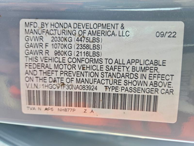 Aukcja sprzedaży 2022 Honda Accord, vin: 1HGCV1F30NA083924, numer aukcji: 57234326