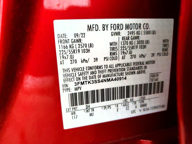 2022 Ford Mustang Mach-e მანქანა იყიდება აუქციონზე, vin: 3FMTK3SS4NMA40914, აუქციონის ნომერი: 58436646