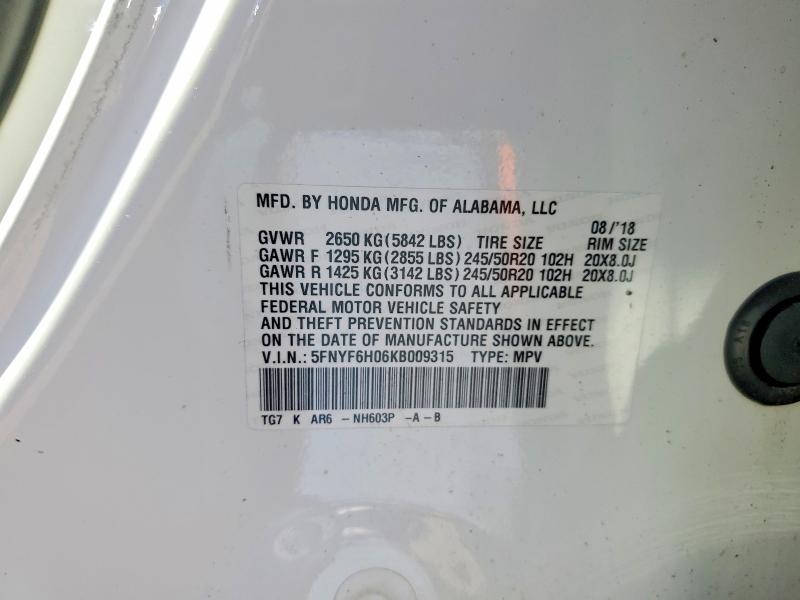 2019 Honda Pilot მანქანა იყიდება აუქციონზე, vin: 5FNYF6H06KB009315, აუქციონის ნომერი: 56098246