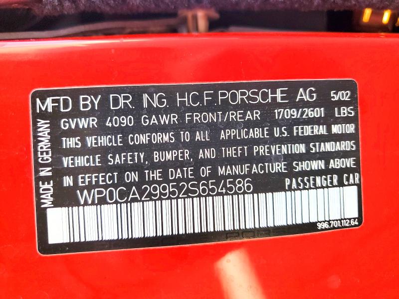 2002 Porsche 911 მანქანა იყიდება აუქციონზე, vin: WP0CA29952S654586, აუქციონის ნომერი: 58020186