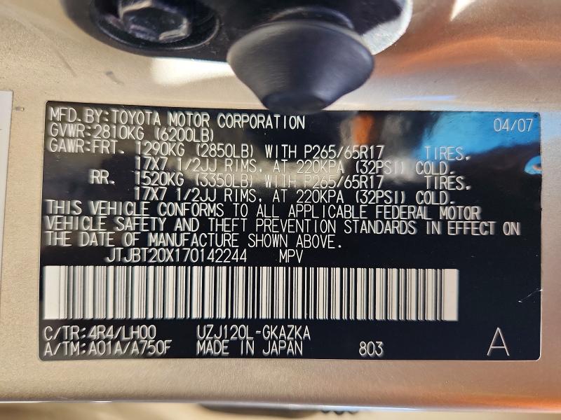 Aukcja sprzedaży 2007 Lexus Gx, vin: JTJBT20X170142244, numer aukcji: 55439466