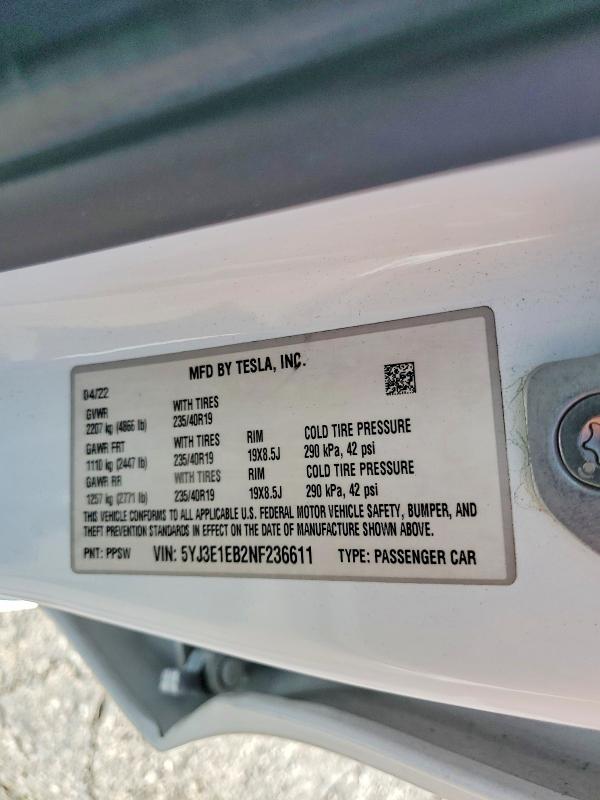 2022 Tesla Model 3 მანქანა იყიდება აუქციონზე, vin: 5YJ3E1EB2NF236611, აუქციონის ნომერი: 55824476