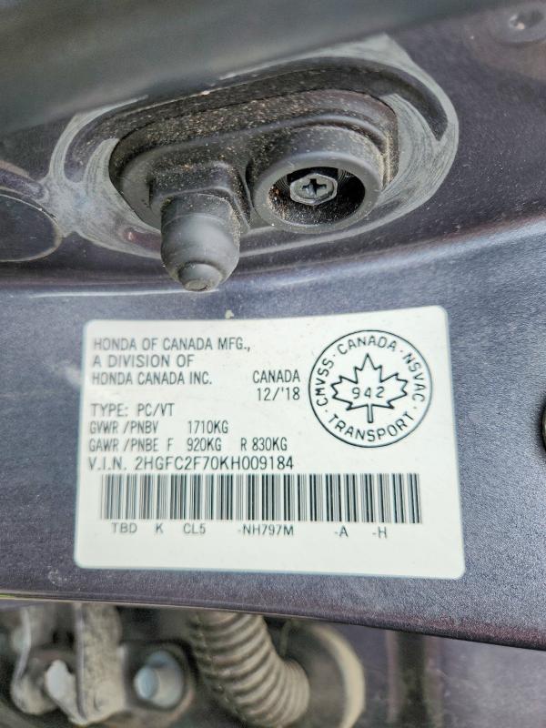 2019 Honda Civic მანქანა იყიდება აუქციონზე, vin: 2HGFC2F70KH009184, აუქციონის ნომერი: 55692496