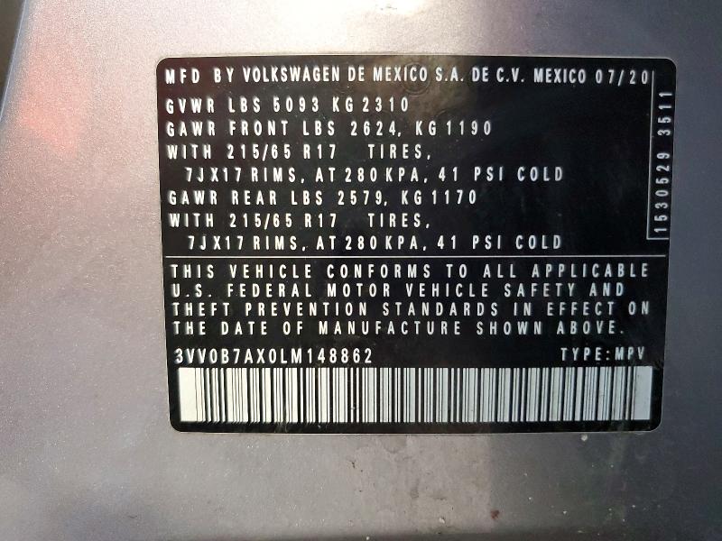 Продаж на аукціоні авто 2020 Volkswagen Tiguan, vin: 3VV0B7AX0LM148862, номер лоту: 56621286