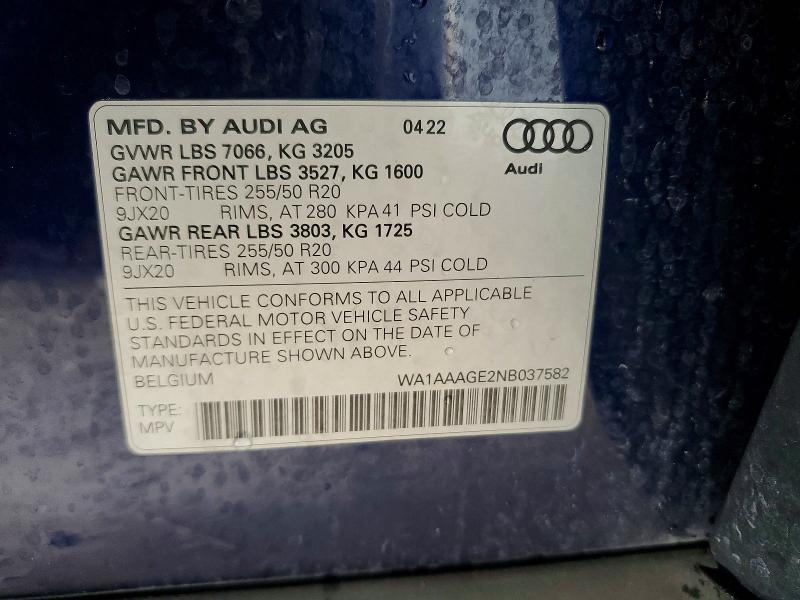 2022 Audi E-tron მანქანა იყიდება აუქციონზე, vin: WA1AAAGE2NB037582, აუქციონის ნომერი: 57618916