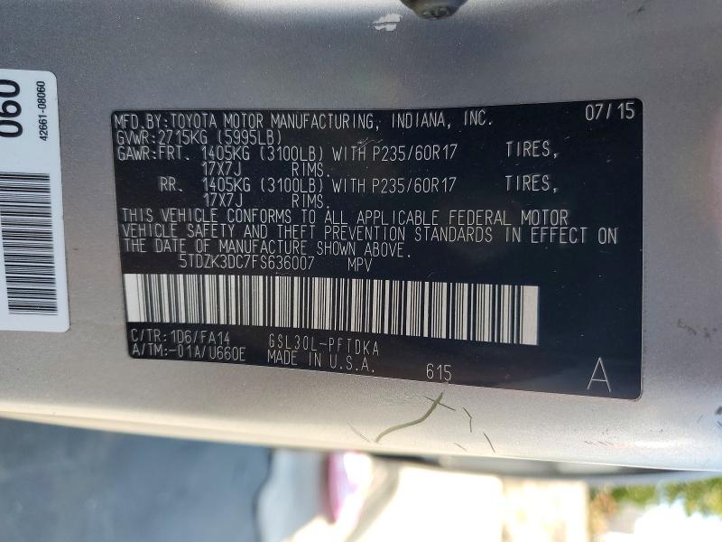Продаж на аукціоні авто 2015 Toyota Sienna, vin: 5TDZK3DC7FS636007, номер лоту: 58274226