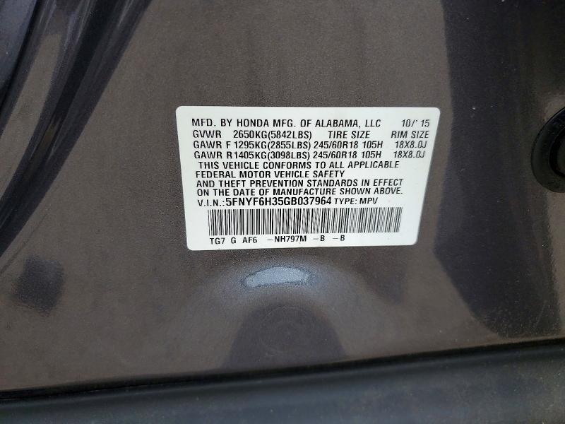 58692926 :رقم المزاد ، 5FNYF6H35GB037964 vin ، 2016 Honda Pilot مزاد بيع