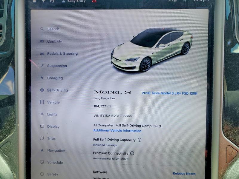85975045 :رقم المزاد ، 5YJSA1E23LF356616 vin ، 2020 Tesla Model S مزاد بيع