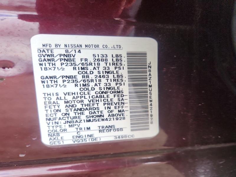 2014 Nissan Murano მანქანა იყიდება აუქციონზე, vin: JN8AZ1MU5EW421928, აუქციონის ნომერი: 58975186