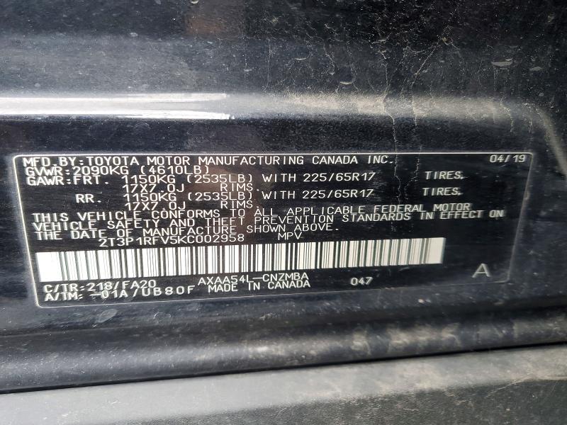 58227736 :رقم المزاد ، 2T3P1RFV5KC002958 vin ، 2019 Toyota Rav4 مزاد بيع