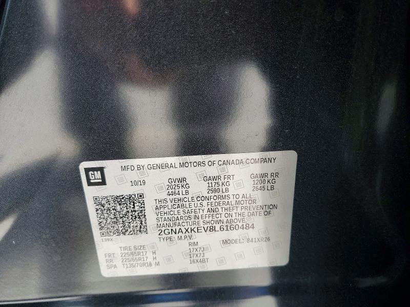 57536626 :رقم المزاد ، 2GNAXKEV8L6160484 vin ، 2020 Chevrolet Equinox مزاد بيع