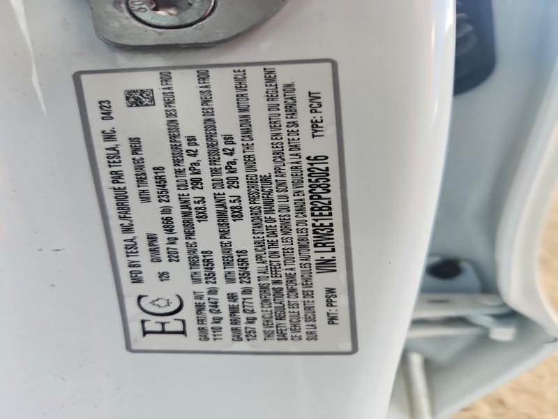 Продаж на аукціоні авто 2023 Tesla Model 3, vin: LRW3E1EB2PC850216, номер лоту: 58566426