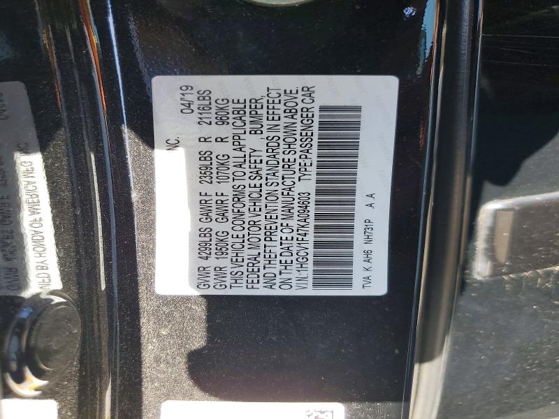 Продаж на аукціоні авто 2019 Honda Accord, vin: 1HGCV1F47KA094603, номер лоту: 57606936