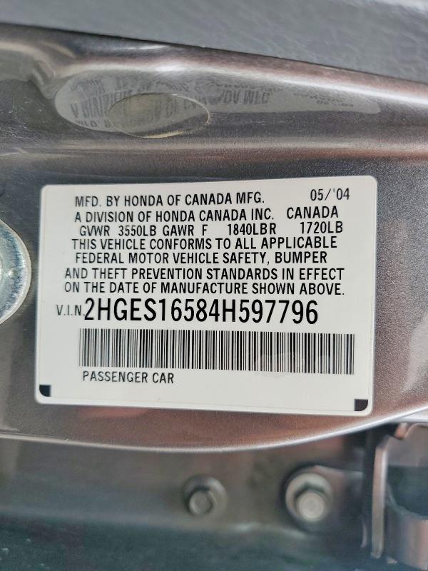 Продажа на аукционе авто 2004 Honda Civic, vin: 2HGES16584H597796, номер лота: 58058316